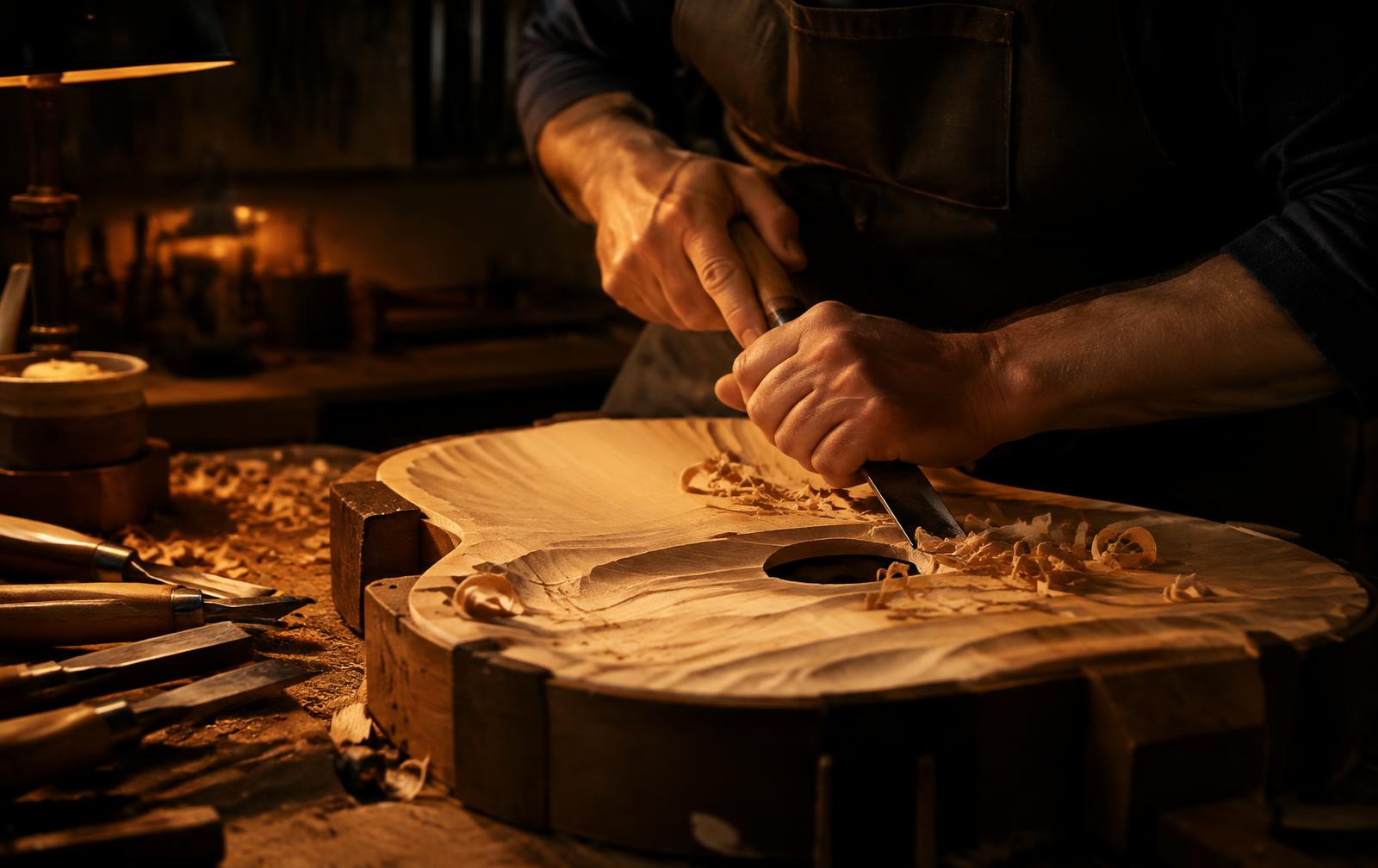 Luthier's hands shaping a guitar top